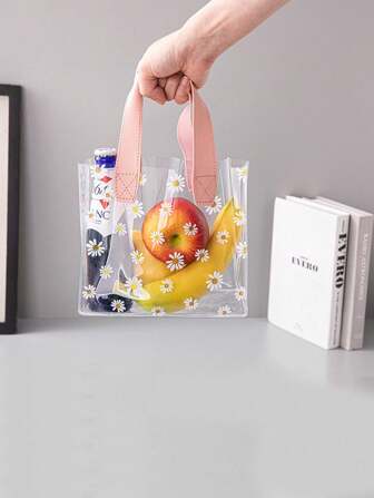 1 件透明雏菊印花便携式收纳袋，适合家庭使用，波西米亚风情，适合度假海滩、浴室收纳、卧室收纳，大容量