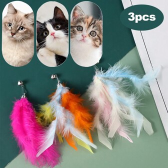 3pcs Colourful Feather Multi-Colour Cat Teaser Replacement Head, Multi-Colour Random, Cat Self-Help Relief Bell Toys