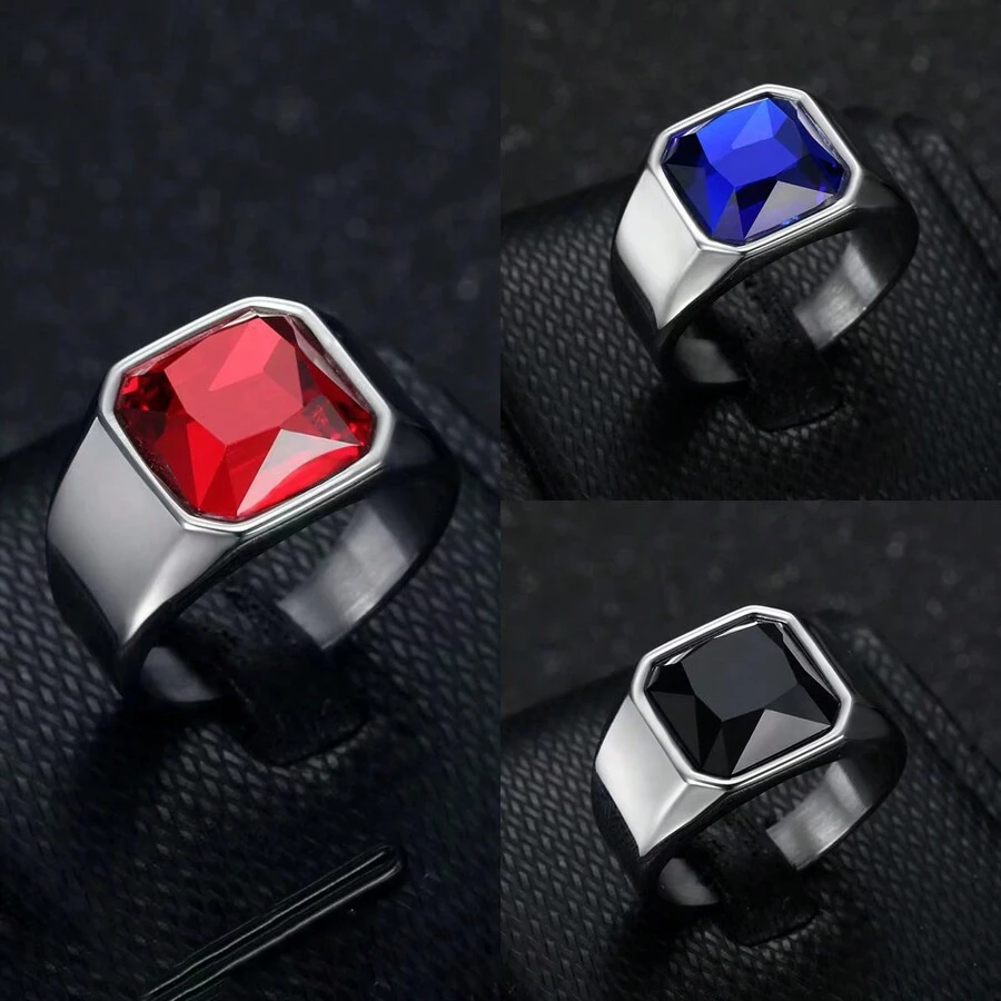 1件装奢华不锈钢首饰，几何红蓝黑立方氧化锆戒指，男士商务风配饰，周年纪念/派对礼物 - 戒指 - 查看 1