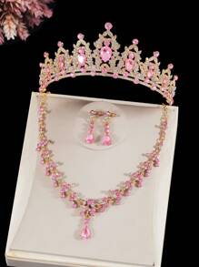 4pcs Girls Kids Accessories Set - Pink Crystal Crown, Gold Alloy Necklace, Earrings, Suitable For Holiday Outfits, Stage Performance, Fashion Show, Great Gift For Children Birthday