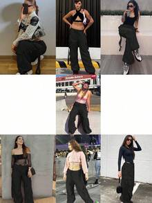 Calle Suelto Cordón Flutter Pantalones de trabajo Pantalones de pierna ancha Pantalones casuales con bolsillos de solapa Cintura baja Cordón de pierna ancha Pantalones de paracaidista - Negro - Ver 12