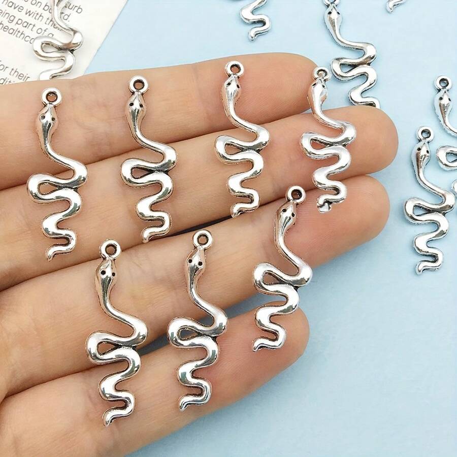 20入組銀色可愛蛇造型吊飾,復古合金材質蛇動物吊墜,適用於diy手工製作項鍊耳環首飾,飾品配件 - Ancient Silver - 查看 1