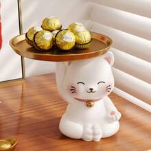 1pc Resin Fortune Cat Holding Tray Storage Organizer - White - View 1
