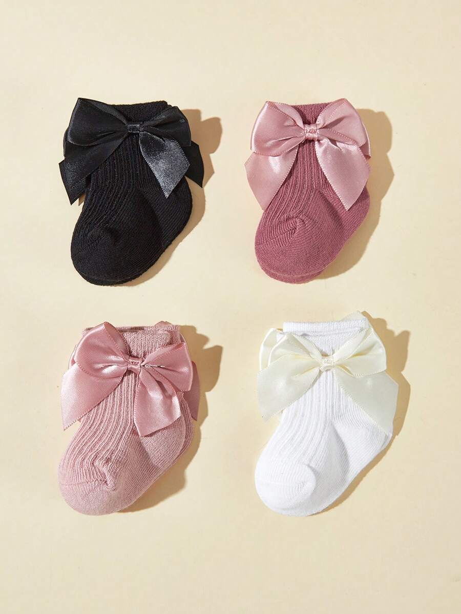 4 Stücke Baby Mädchen Bogen Dekor 3d Design Bis Zur Mitte Der Wade Socken, Alle Saisons