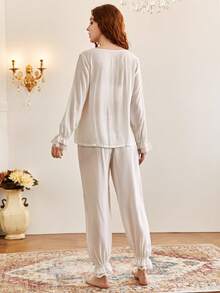 復古蕾絲拼接公主風格家居服睡衣套裝,適用於秋季 - 白色 - 查看 3