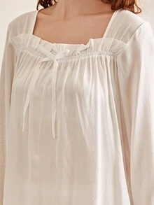 復古蕾絲拼接公主風格家居服睡衣套裝,適用於秋季 - 白色 - 查看 4