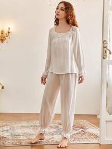復古蕾絲拼接公主風格家居服睡衣套裝,適用於秋季 - 白色 - 查看 5