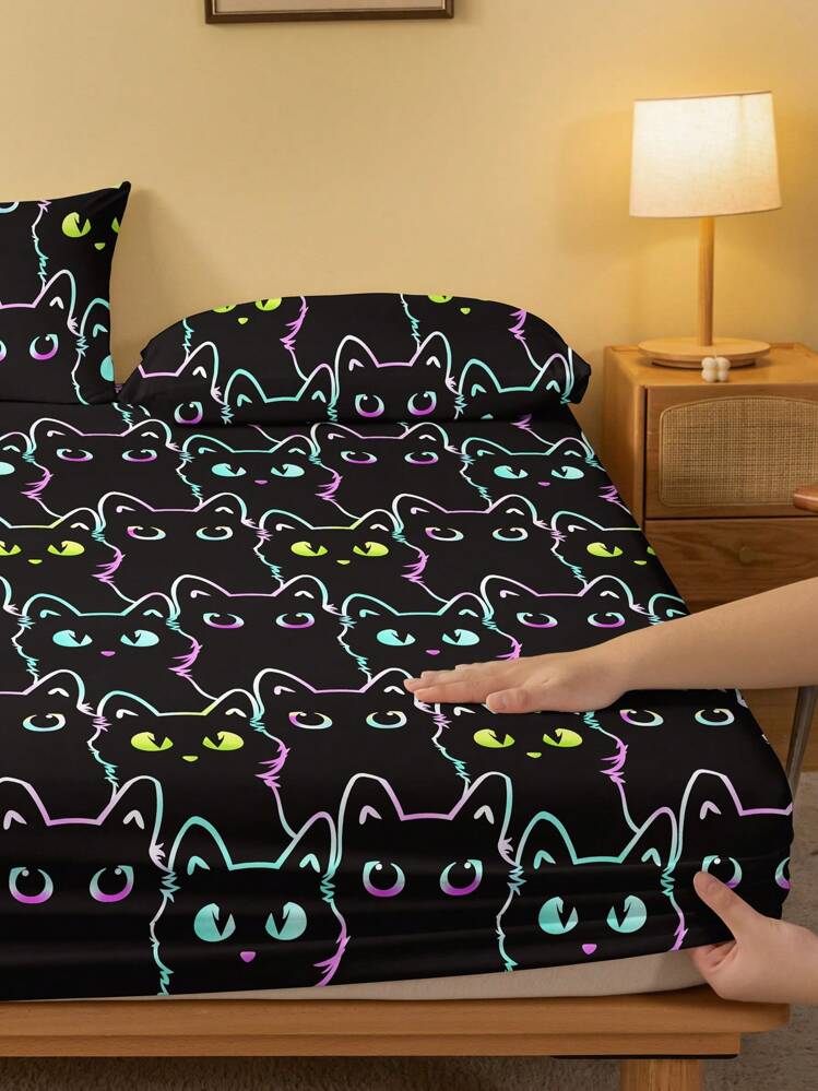 1pc Printed Flannel Fitted Sheet With Cat Gathering Pattern, Bedroom Bedding - Multicolor - View 4