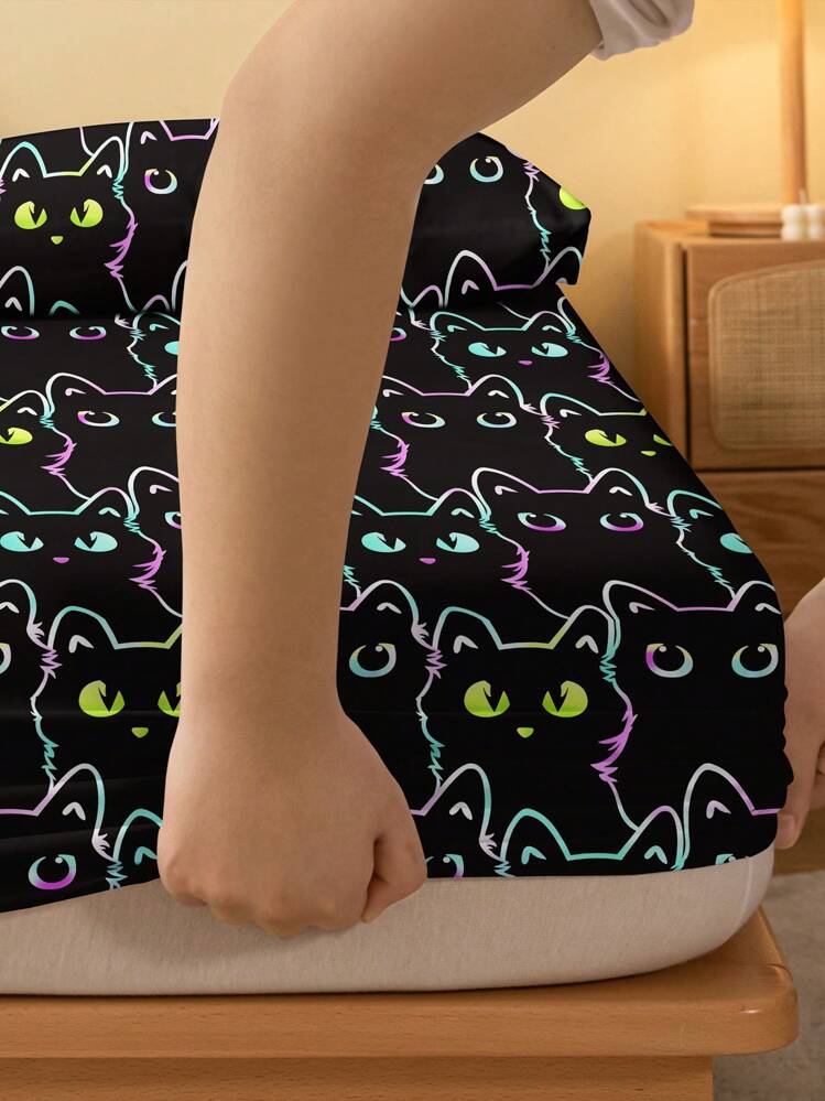 1pc Printed Flannel Fitted Sheet With Cat Gathering Pattern, Bedroom Bedding - Multicolor - View 5