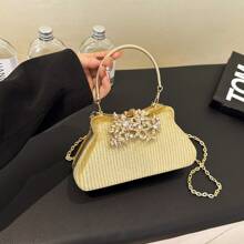 New Arrival Gold Sequin Hand Carry Box Shaped Evening Bag With Flower Design Hard Shell And Metallic Chain Strap For Women - Gold - View 2