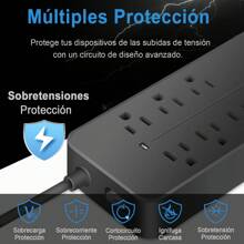 USB Multicontacto, Regleta de 1,2 m, 8 salidas, 3 puertos de carga USB, (5 V / 2 A), 1 puerto Type-C, Conector múltiple, Enchufe de pared con toma de corriente, Regleta para el hogar, oficina, dormitorio, Negro - Negro - Ver 3