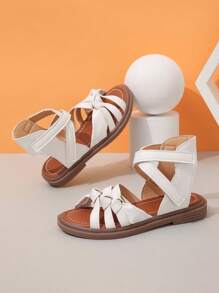 1 Pair Girls Striped Hollow PU Lace-Up Design Flat Cute Sandals, Suitable For Summer - White - View 3