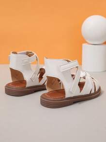 1 Pair Girls Striped Hollow PU Lace-Up Design Flat Cute Sandals, Suitable For Summer - White - View 6