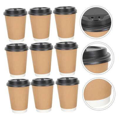 10 件装加厚咖啡纸杯，带隔热牛皮包裹杯身和杯盖，适用于咖啡馆和奶茶店，