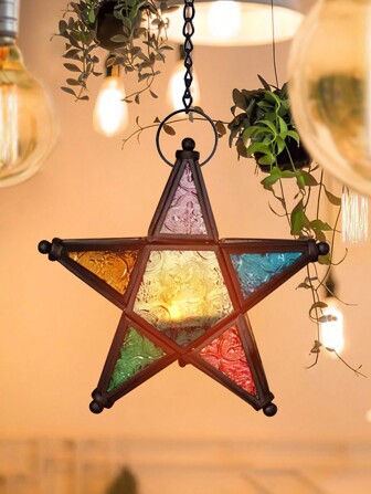 1pc European Style Retro Windproof Glass Candlestick, Pentagram Patterned Glass Wrought Iron Hanging Candlestick (Candles Not Included), For Festivals And Celebrations, Colorful Pentagram Decoration,Home Decor ,Room Decor,Wall Decor Gifts Birthday Graduation