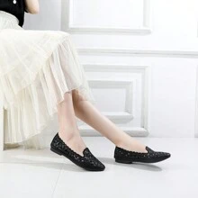 Women's Floral Ballet Flats For Women Black Beige Slip On Flowers PU Leather Round Toe Dress Shoes
