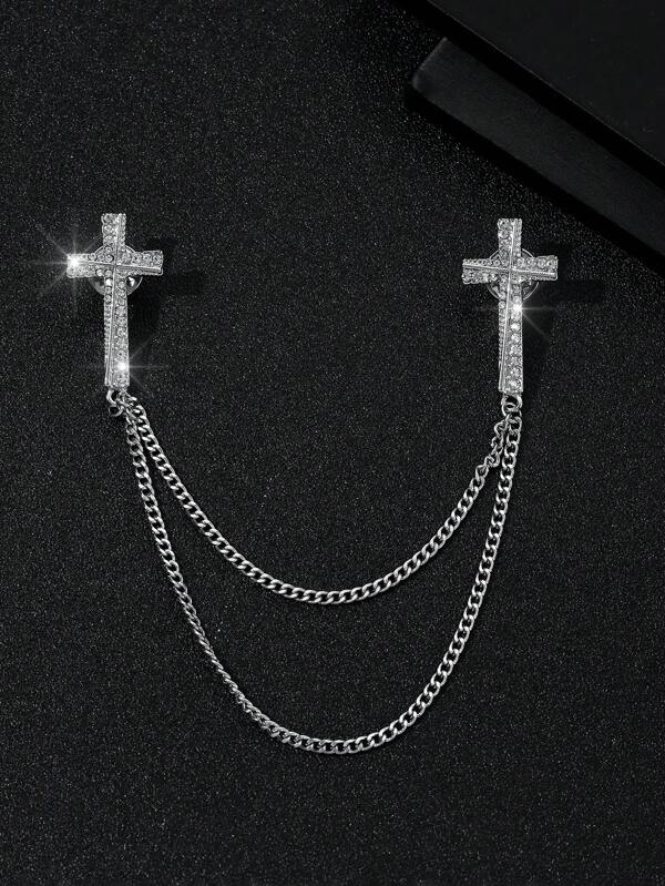 1pc Fashionable European & American Style Full Rhinestone Cross Necklace Brooch For Men