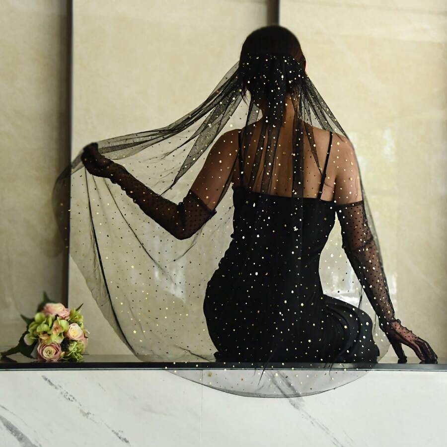 1 件神秘黑色万圣节头纱，带有星空设计和烫金箔，哥特式派对 Photobooth 道具短头饰 - 黑色 - 查看 1