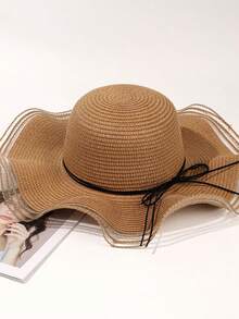 1 Miếng Quý cô Lưới Xoăn Sóng Cạnh Trang trí Nơ Mũ chống nắng , Thích hợp Đối với Hằng ngày Và bờ biển Kỳ nghỉ Mặc Boho - Mũ rơm quai ngang - Xem 5