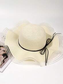 1 Miếng Quý cô Lưới Xoăn Sóng Cạnh Trang trí Nơ Mũ chống nắng , Thích hợp Đối với Hằng ngày Và bờ biển Kỳ nghỉ Mặc Boho - Mũ rơm quai ngang - Xem 8