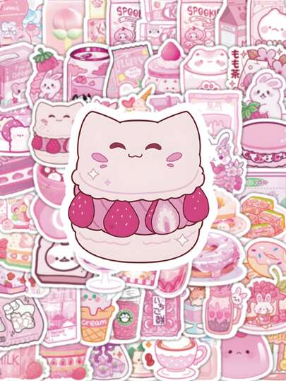 100 张粉色零食卡通涂鸦贴纸，可用于水瓶、汽车、行李箱装饰，贴纸贴花