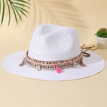 件裝女式波西米亞風格流蘇和貝殼裝飾女牛仔/牛仔帽，爵士巴拿馬帽，寬邊太陽帽適合日常佩戴
