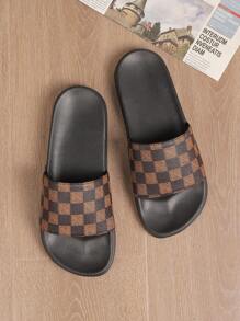 SHARK SLIPPER 男士格子图案拖鞋，简约时尚男士拖鞋，家居拖鞋，浴室拖鞋，室内拖鞋，浴室凉鞋，极其舒适，厚底，易于清洁 - 棕色 - 查看 8