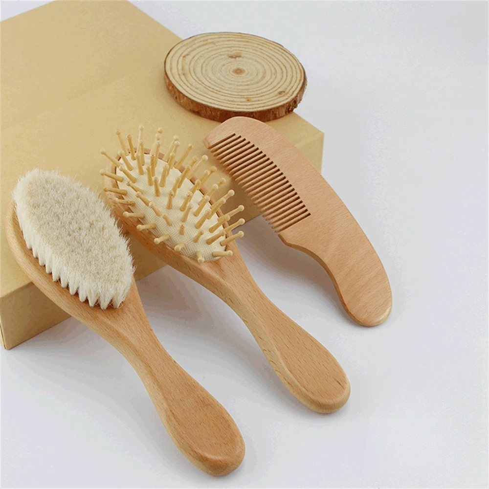 3pcs Baby Wool Brush Set Children's Hair Wash Brush Wooden Comb Massage Comb Baby Hair Wash Comb Bath God Tool