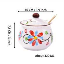 1pc Ceramic Sugar Bowl With Lid And Stainless Spoons, For Home Kitchen Restaurant Hotel, Kitchen Supplies, Tableware Accessories - Multicolor - View 2