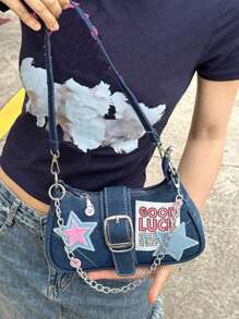 Y2K Style Retro Motorcycle Star-Shaped Bag, Clutch Bag Or Crossbody Bag, Perfect For Music Festivals, Parties And Banquets For Womentrendy Star Print Women Bag - Blue - View 2
