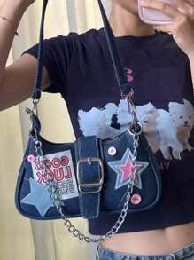 Y2K Style Retro Motorcycle Star-Shaped Bag, Clutch Bag Or Crossbody Bag, Perfect For Music Festivals, Parties And Banquets For Womentrendy Star Print Women Bag - Blue - View 3