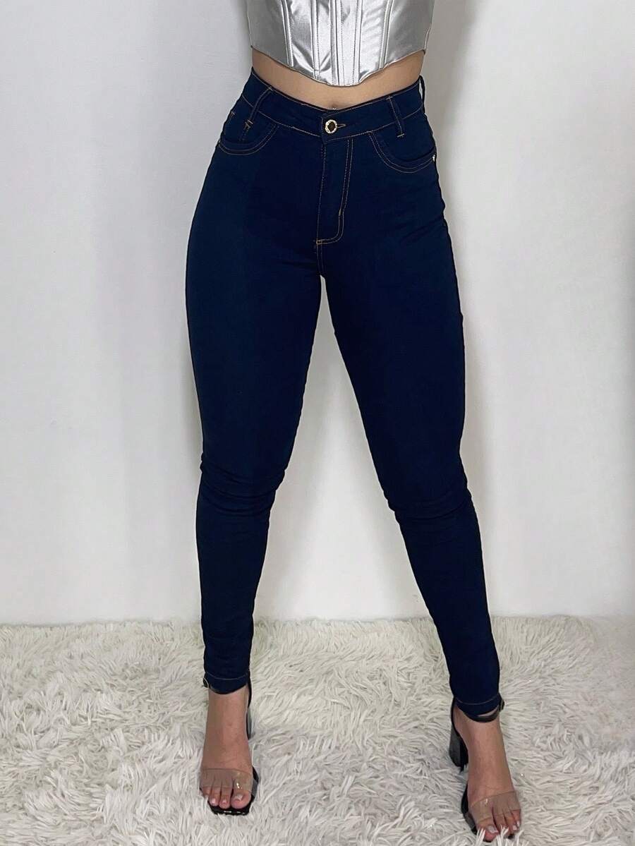 Women Jeans - 深色水洗藍 - 查看 1