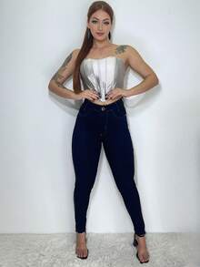 Women Jeans - 深色水洗藍 - 查看 2