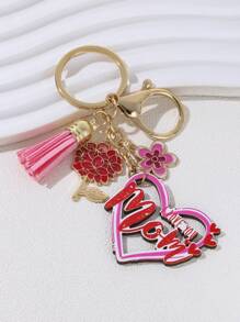 Móc khóa tua rua hình bông hoa màu hồng dễ thương hình ngôi nhà trái tim với chất liệu hợp kim, món quà tuyệt vời cho ngày của mẹ - Màu Hồng Tươi - Xem 6