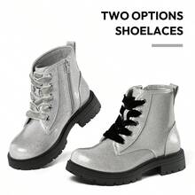 PENNYSUE Glitter Girls Boots Lace Up Waterproof Comfortable Kids Ankle Booties - 灰色 - 查看 4