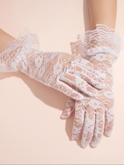 1 par de guantes góticos sexies para vestido de fiesta para mujer, con diseño de rosa y encaje, adornados con volantes, guantes nupciales elegantes para fiesta, Halloween, accesorios de invierno