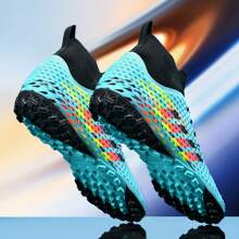 1pair New Style Unisex Stripe Soccer Shoes Tf Studs Anti-Skid Training Shoes, Professional Football Sportswear, Black Classic High-To-Low Football Shoes
