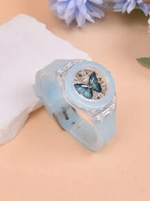 Đồng hồ đeo tay trẻ em có đèn LED phát sáng, Đồng hồ đeo tay thạch anh bướm tím cho bé gái, với bộ vòng tay dây dệt có thể điều chỉnh, 2 chiếc - Màu xanh nhạt - Xem 6