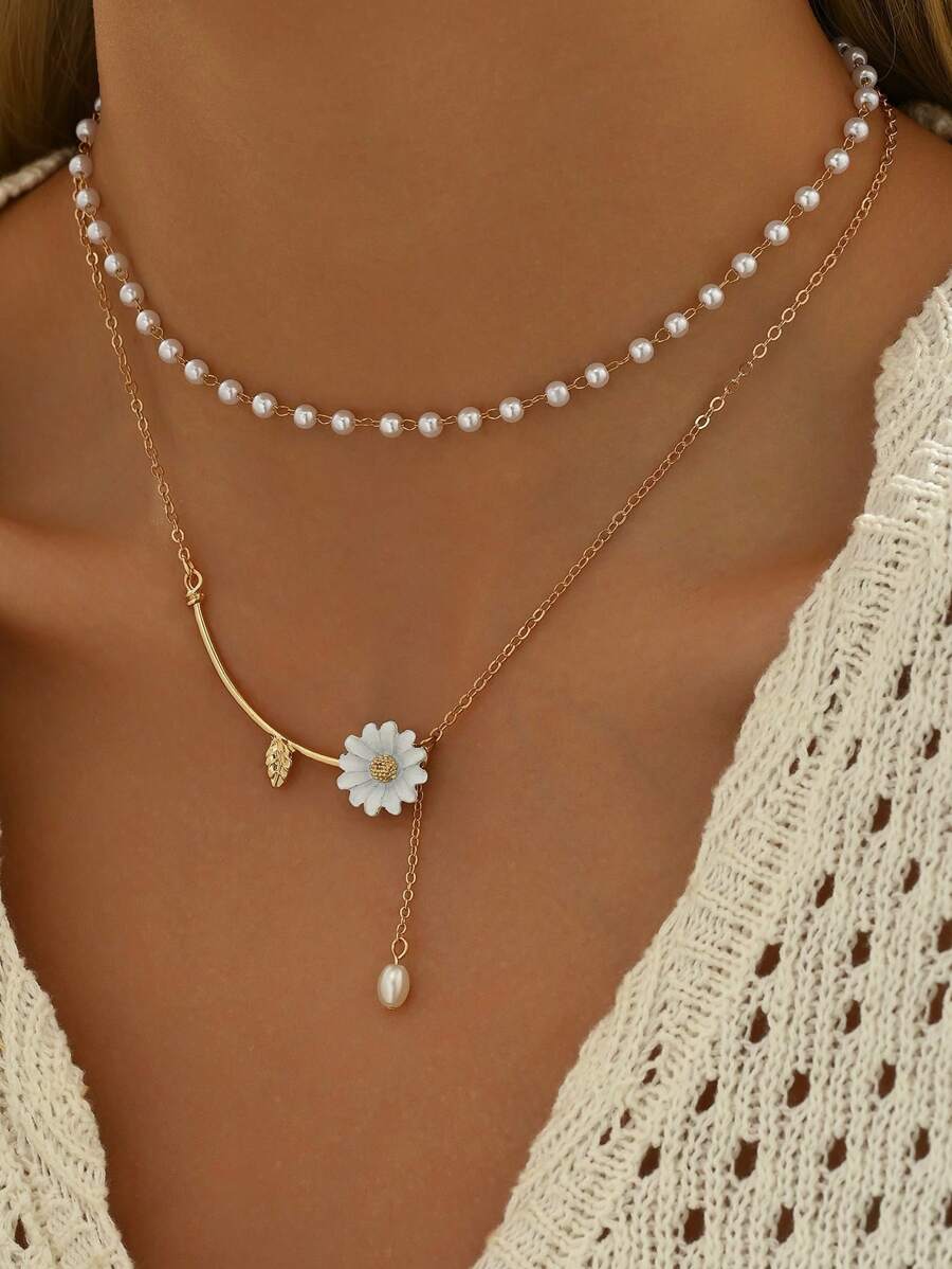 Set de 2 collares con colgante de flor de margarita dorada, collar de cadena de perlas de doble capa elegante, collar de flor de longitud ajustable hecho a mano para fiesta y uso diario - Dorado - Ver 1