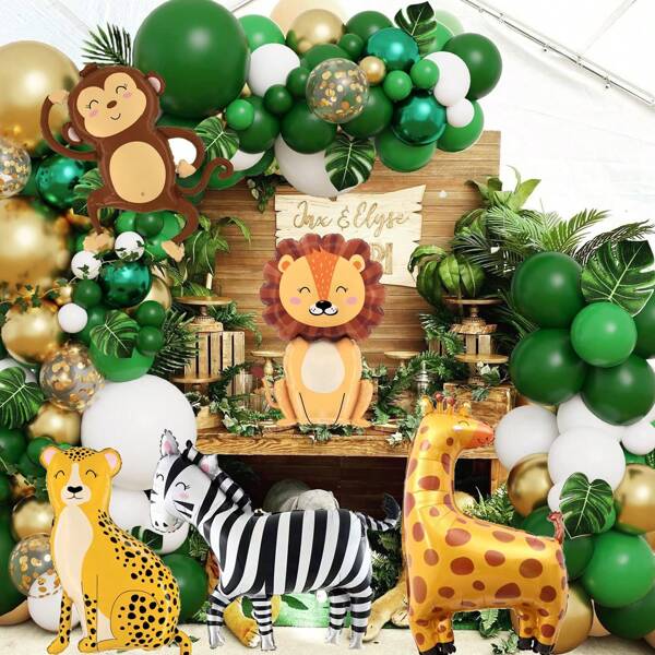 5-Piece Set Of Approximately 30 Inch Large Aluminum Film Balloons, Jungle Animal Balloons, Monkeys, Lions, Giraffes, Leopards, Zebras, Wild 1st Birthday Decorations, Showers, Jungle Hunting Party Decorations