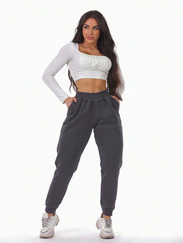 Calça de Moletom Feminina Com Bolso Cós e Punho com Elástico