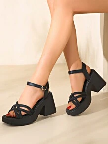 Women's Platform Thick Heel Sandals, Large Size Block Heel Strap Sandals, Fashion Versatile High Heel Square Toe Increased Height Black Sandals For Summer