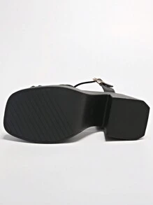 Women's Platform Thick Heel Sandals, Large Size Block Heel Strap Sandals, Fashion Versatile High Heel Square Toe Increased Height Black Sandals For Summer
