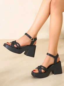 Women's Platform Thick Heel Sandals, Large Size Block Heel Strap Sandals, Fashion Versatile High Heel Square Toe Increased Height Black Sandals For Summer