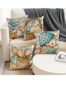 4 Piezas/set De Fundas Decorativas Para Almohadas Con Patrón De Conejo De Pascua Y Huevos De Pascua (no Incluye Relleno De Almohada) Para Decoración De Sofá En El Hogar - Naranja - Ver 3