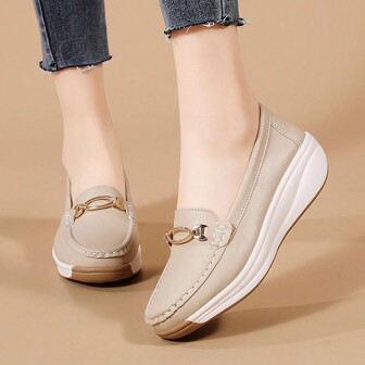 Women's Work Shoes Leather Shoes With Metal Buckle, Casual Ladies Shoes With Thick Soft Sole