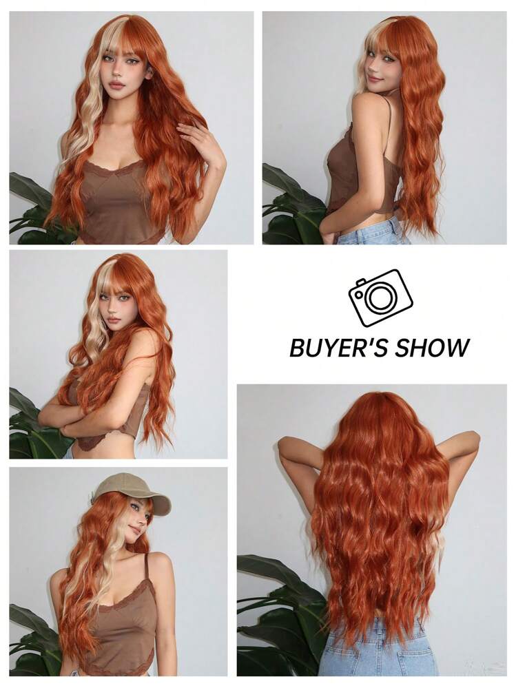 Parrucca arancione lunga 66,04 cm con riflessi biondi, parrucca sintetica ondulata e riccia con frangia per donne, parrucca colorata per cosplay e uso quotidiano o per feste - Multicolore - Visualizzare 7