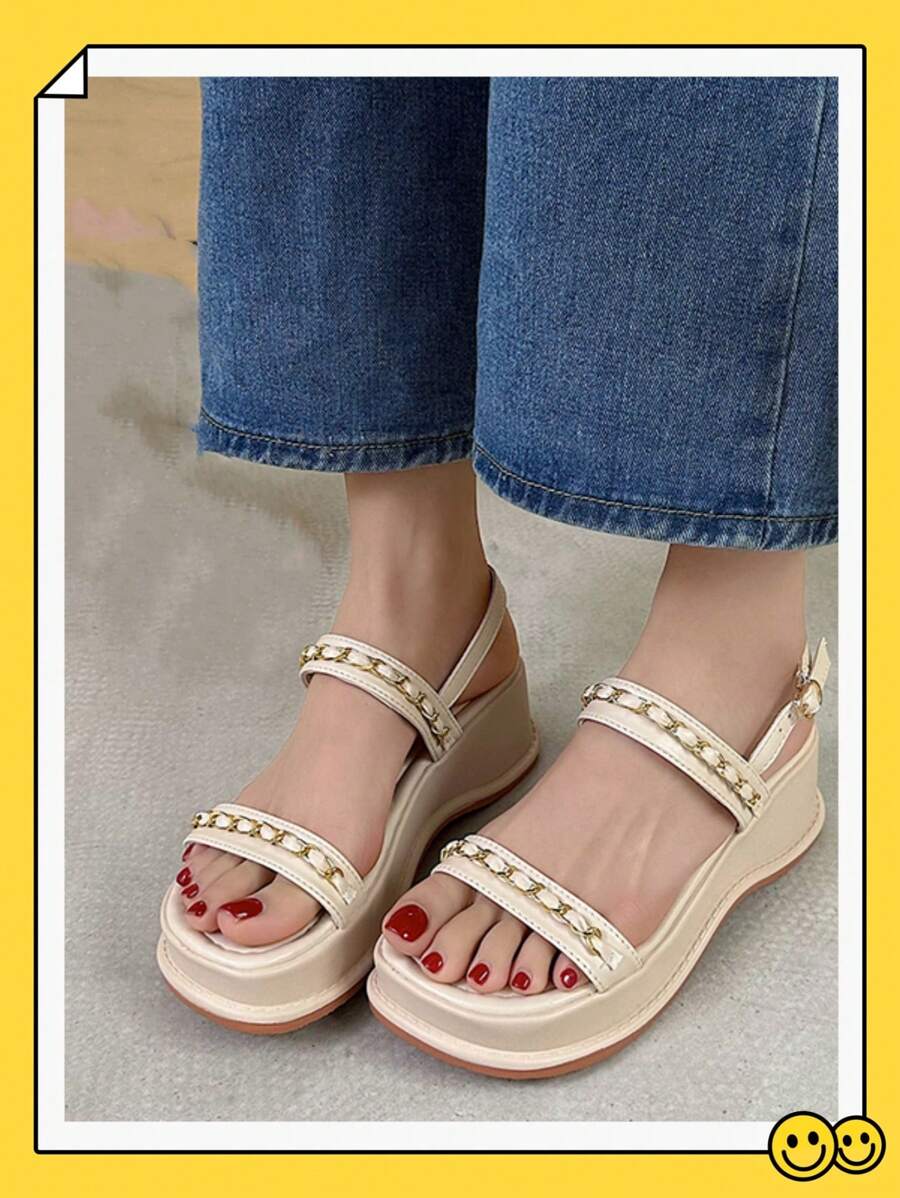 Dép đế xuồng trang trí ngọc trai giả cho nữ, kiểu dáng mùa hè mới 2024 Dép đế dày hở ngón quai - Màu be - Xem 1