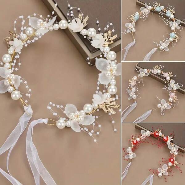 Diadema de flores de cristal de princesa con perlas falsas y brillo, accesorios para el cabello de novia para bodas, bailes de graduación y fotografía - Elegante tiara de lazo para niñas y mujeres