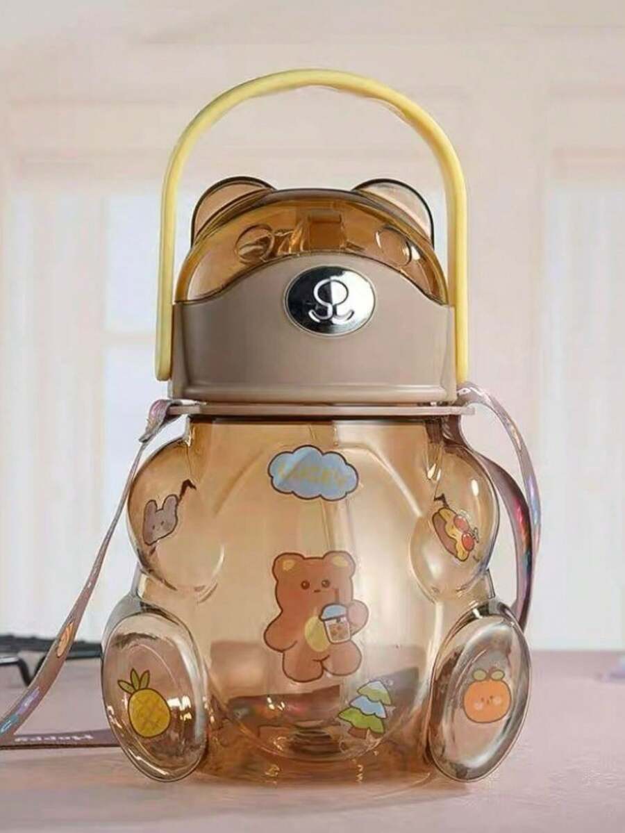 Transparent Motivational Bear  Water Bottle With Handle Includes Prints To Decorate Strap Anti-Drip Band - Brown - View 1